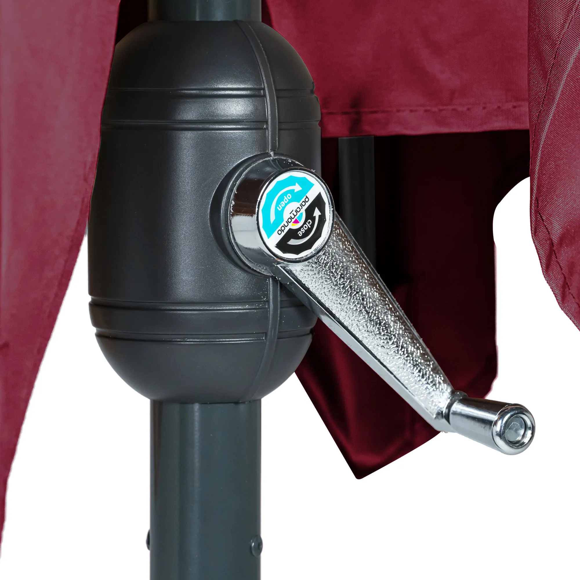 Meccanismo a manovella di un ombrellone pieghevole con rivestimento in tessuto visibile