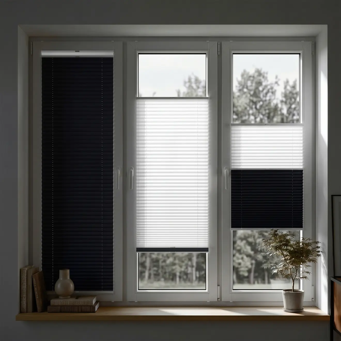 Drei Fenster mit Plissees in unterschiedlichen Positionen für variablen Sichtschutz