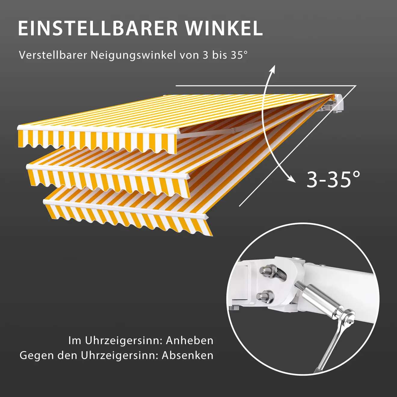 Gelenkarmmarkise mit verstellbarem Neigungswinkel von 3 bis 35 Grad, zeigt Aufbau und Funktion