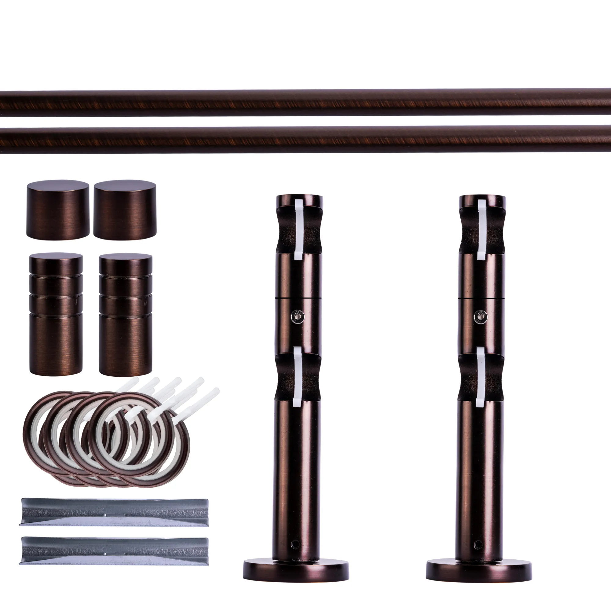 Zestaw karniszy | 2 szyny, ⌀ 19 mm, 120 cm, brązowo-czerwony + Uchwyt ścienny, Końcówka żłobkowana, Pierścień