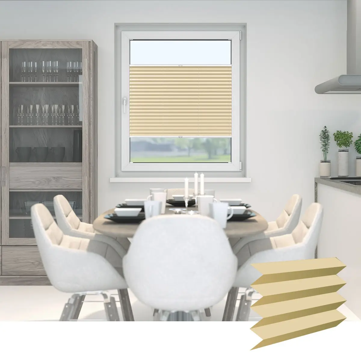 Verspanntes Plissee am Fenster in modernem Esszimmer, Tisch mit Stühlen und Geschirr