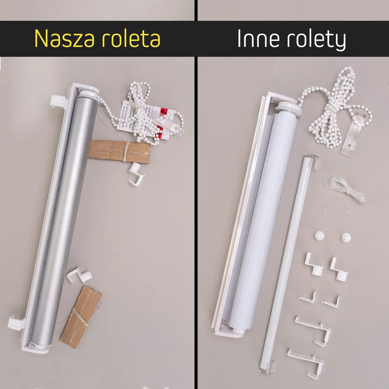 Porównanie „Nasza roleta” i „Inne rolety”, wstępnie zmontowana roleta obok rolety w częściach