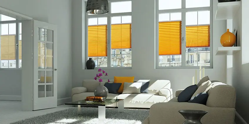 25 / 5,000 Plissees an den Fenstern im Wohnzimmer