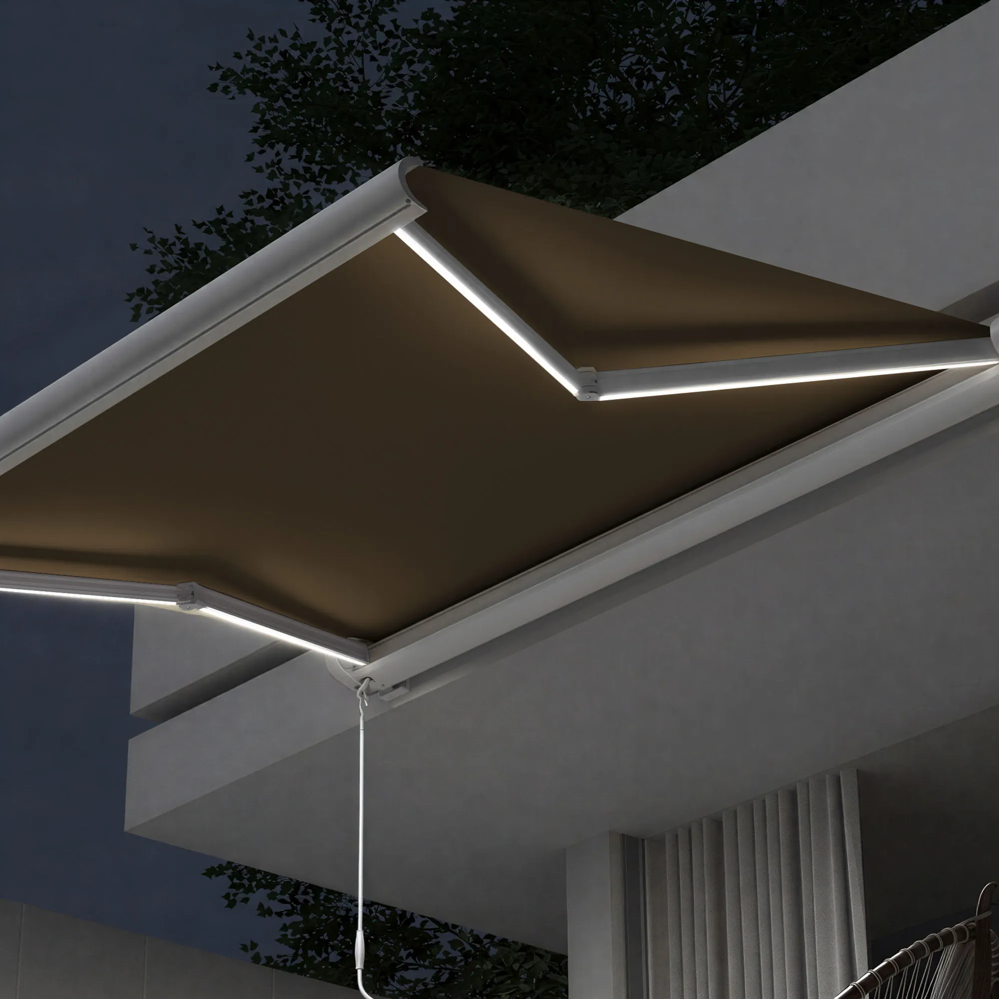 Kassettenmarkise Curve LED | 3,5 x 3 m, weiß, Stoff: mokka, Uni