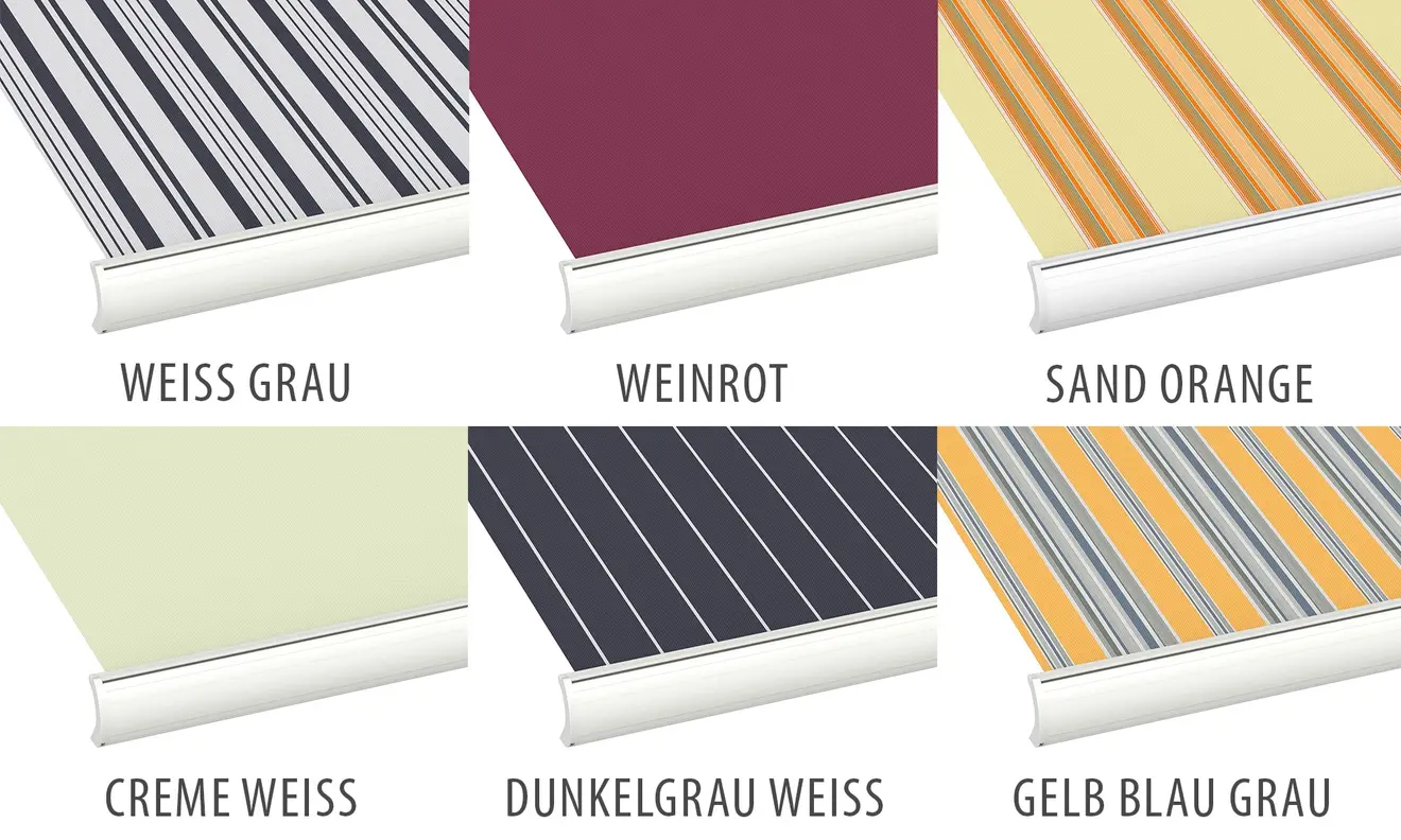 Kassettenmarkise Curve 2000 in verschiedenen Stoffmustern und Farben, sechs Varianten abgebildet