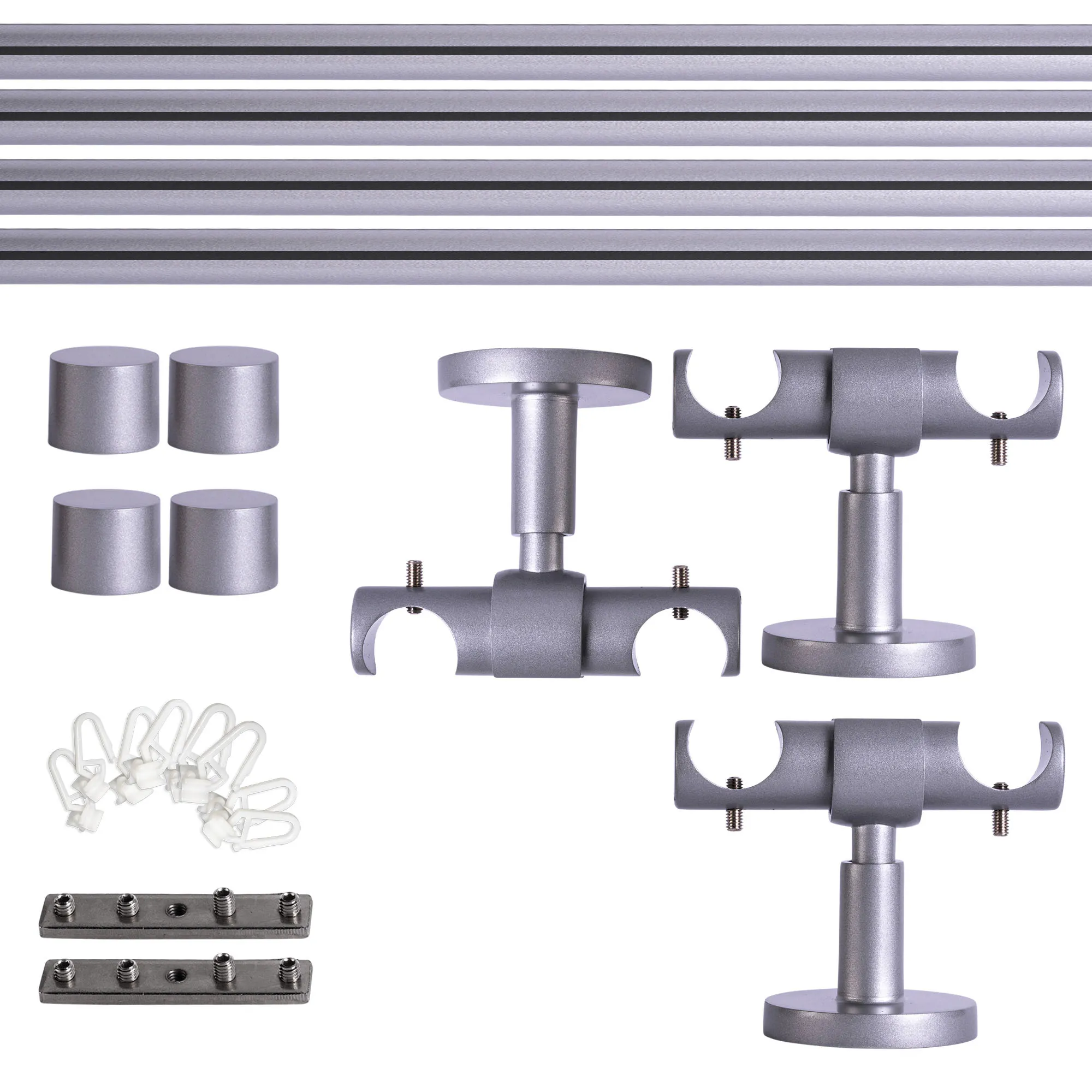 Set tringles à rideaux à rail intérieur | 2 rails, ⌀ 19 mm, 400 cm, argenté + Support plafond, Embout, Glisseur