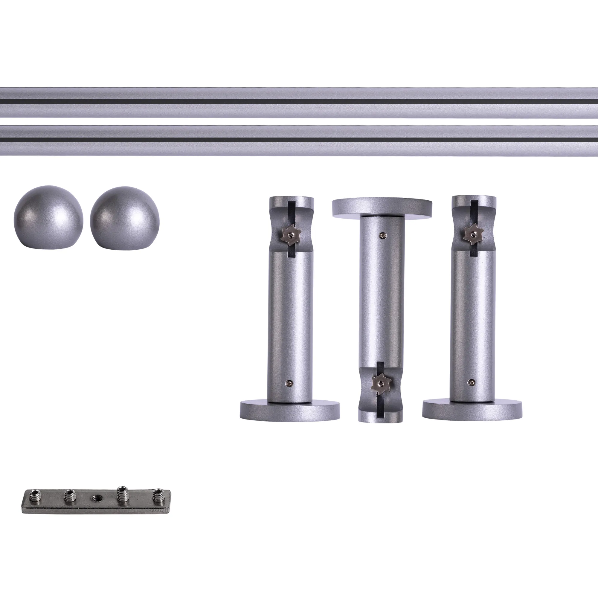 Set tringles à rideaux à rail intérieur | 1 rail, ⌀ 19 mm, 240 cm, argenté + Support mural, Boule