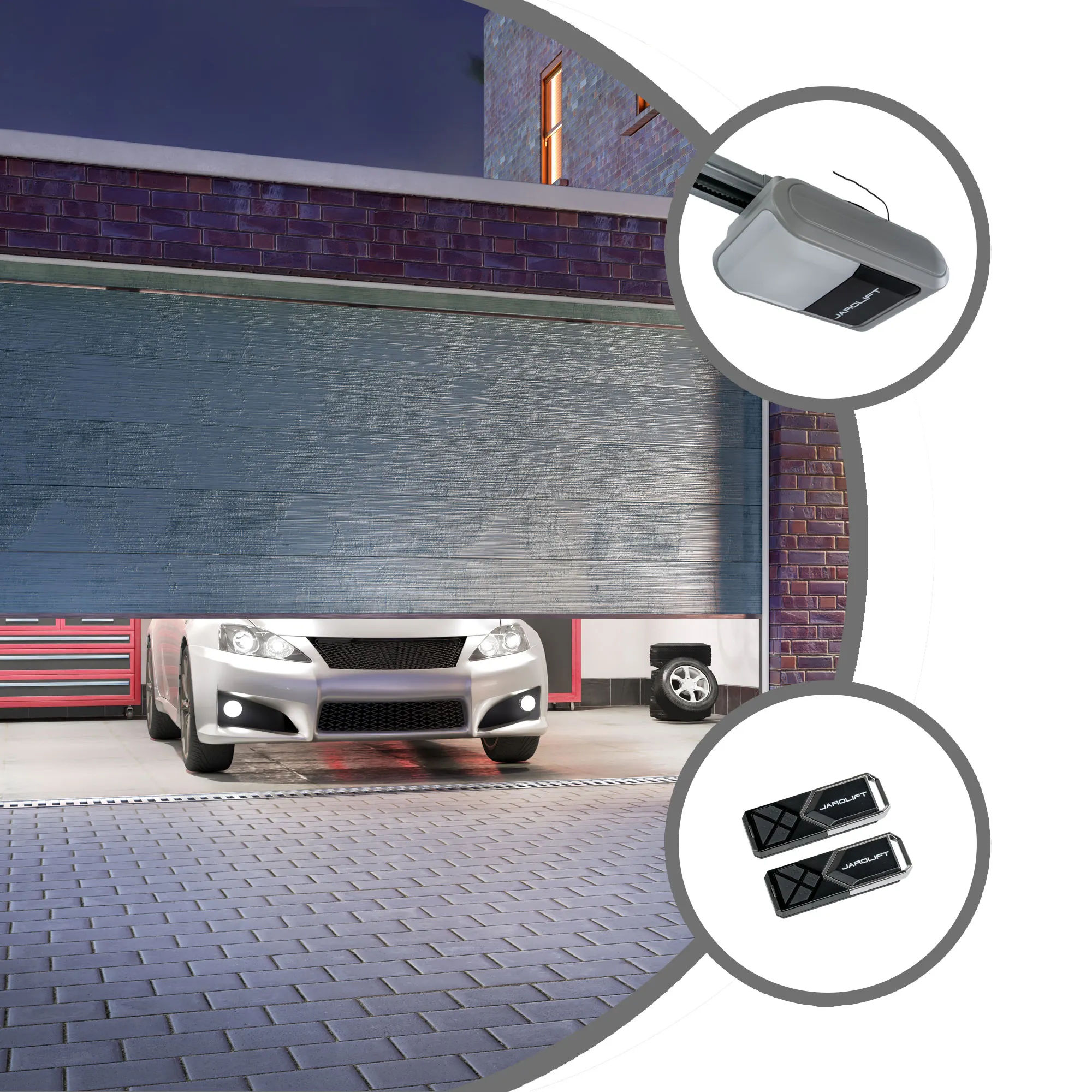 Porta del garage con auto, sistema di azionamento e due telecomandi rappresentati in cerchi separati