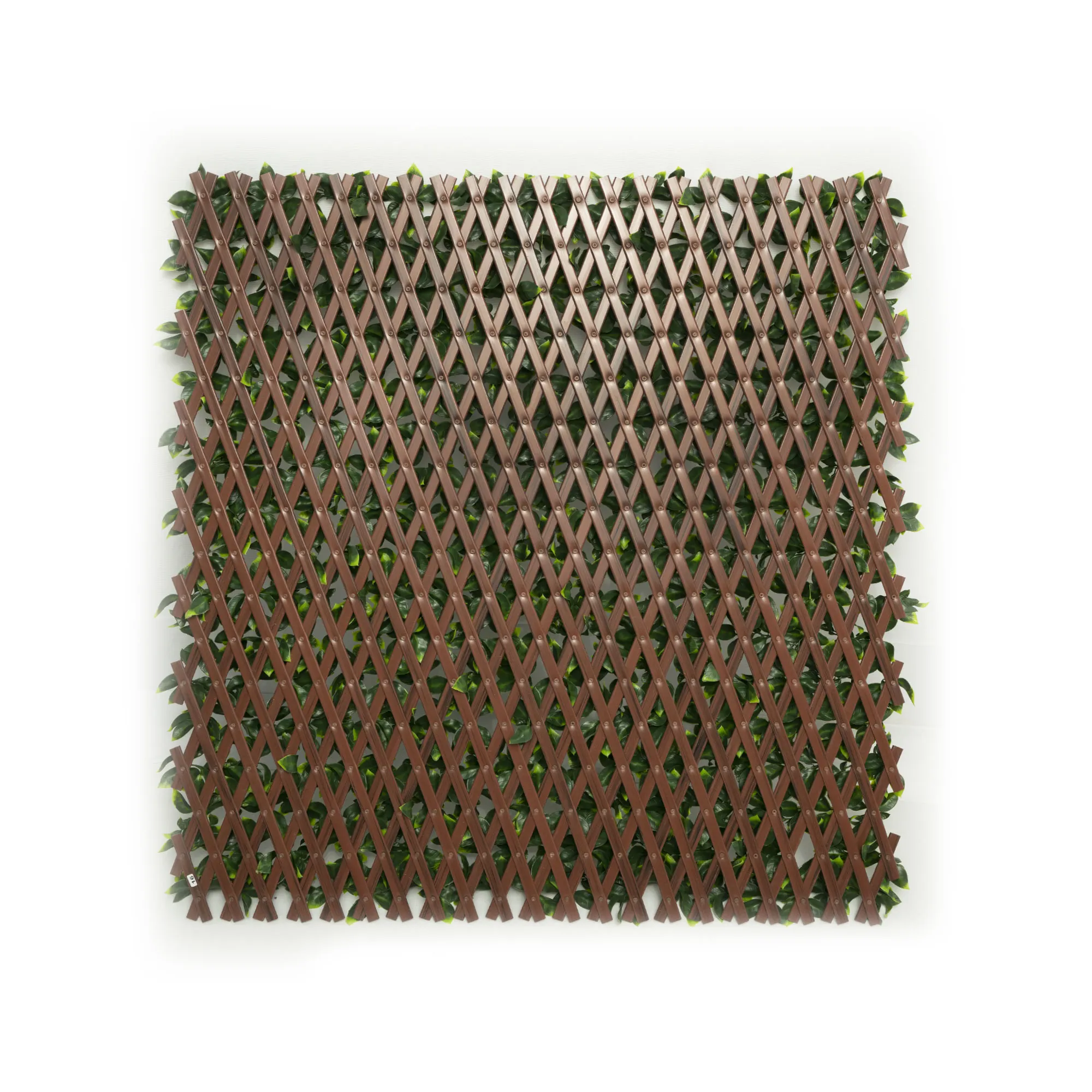 Parete di piante artificiali con struttura a griglia e foglie incorporate