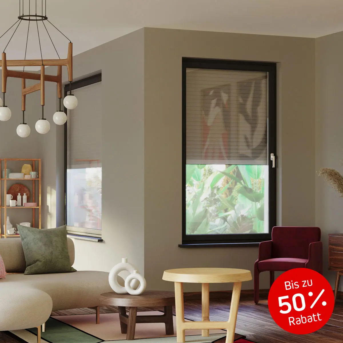 Wohnsituation mit halb-geschlossenem Rollladen vor großen Fenstern