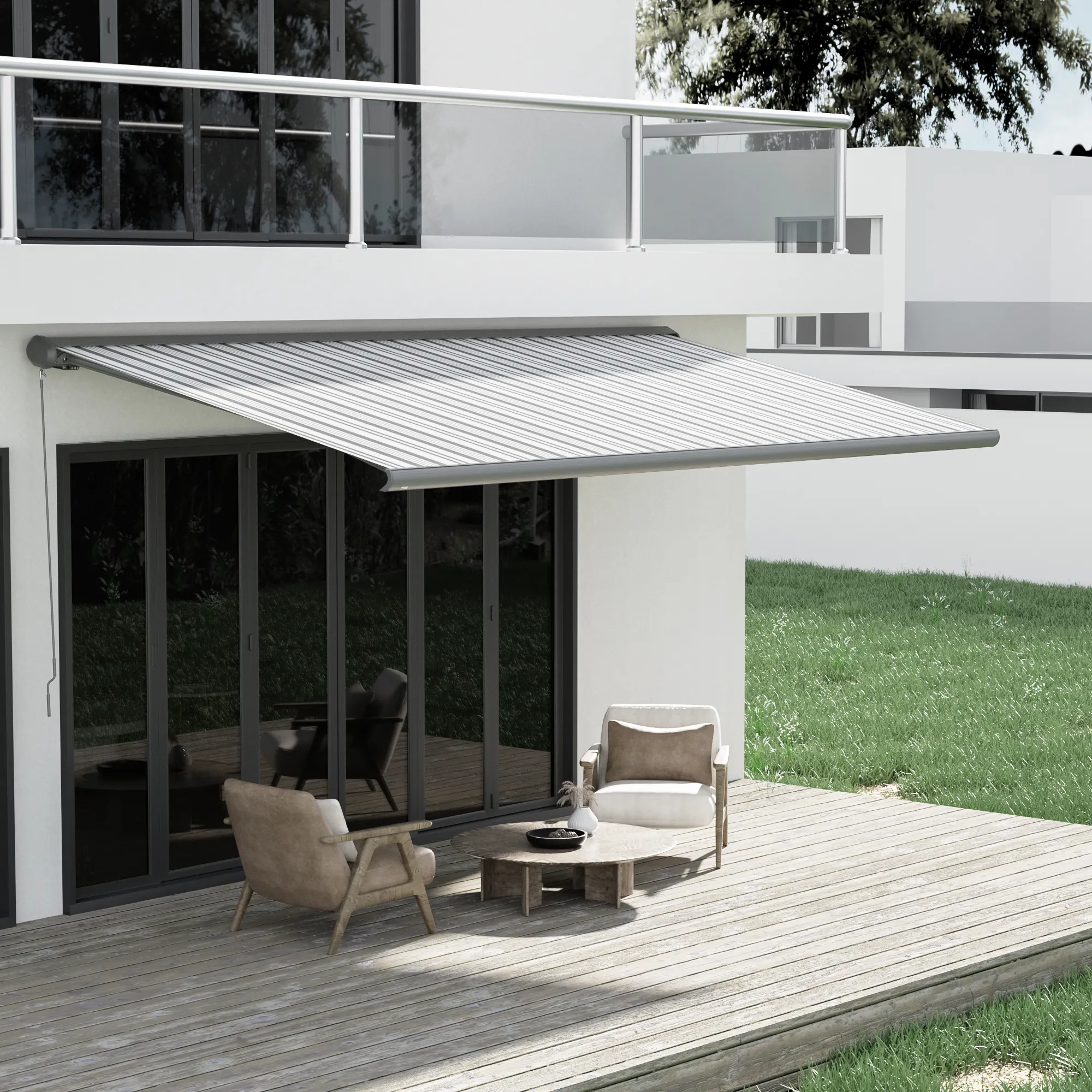 Kassettenmarkise Curve 2000 | 3,95 x 3 m / Gestell: anthrazit / Stoff: Multi, weiß-grau