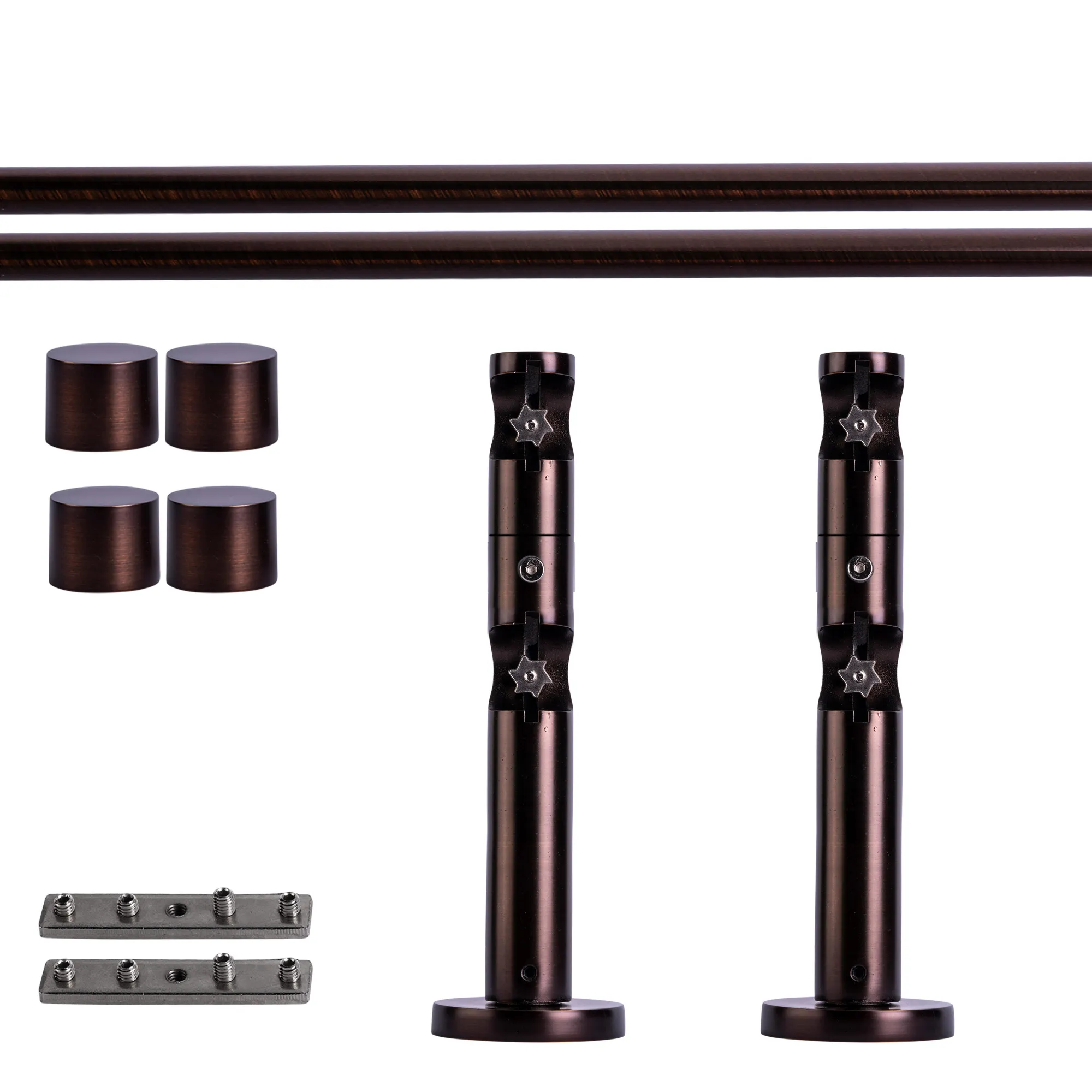 Set tringles à rideaux à rail intérieur | 2 rails, ⌀ 19 mm, 120 cm, rouge-bronze + Support mural, Embout
