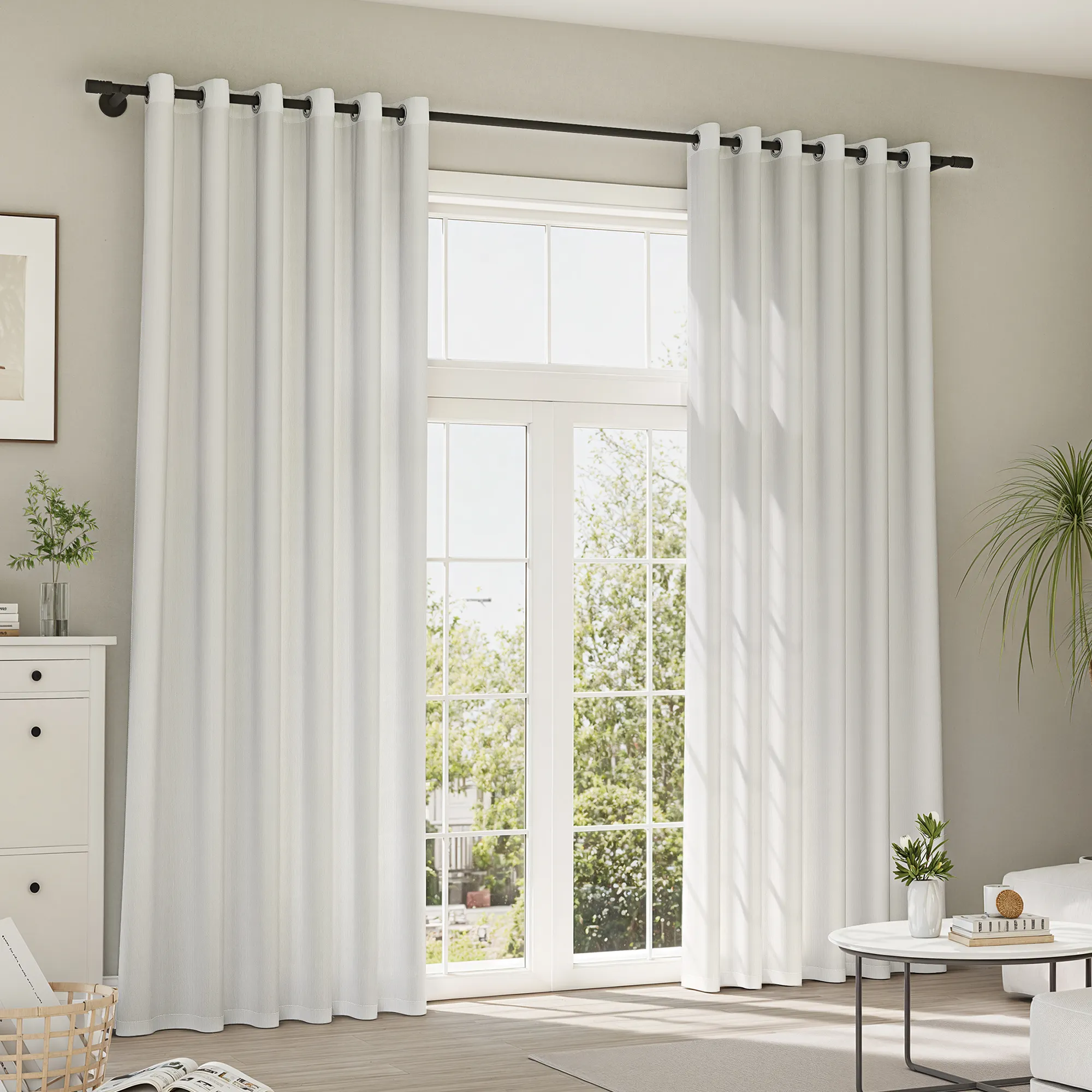 Cortinas y Visillos Pure | Print, semitransparente, rayas en blanco y bambú