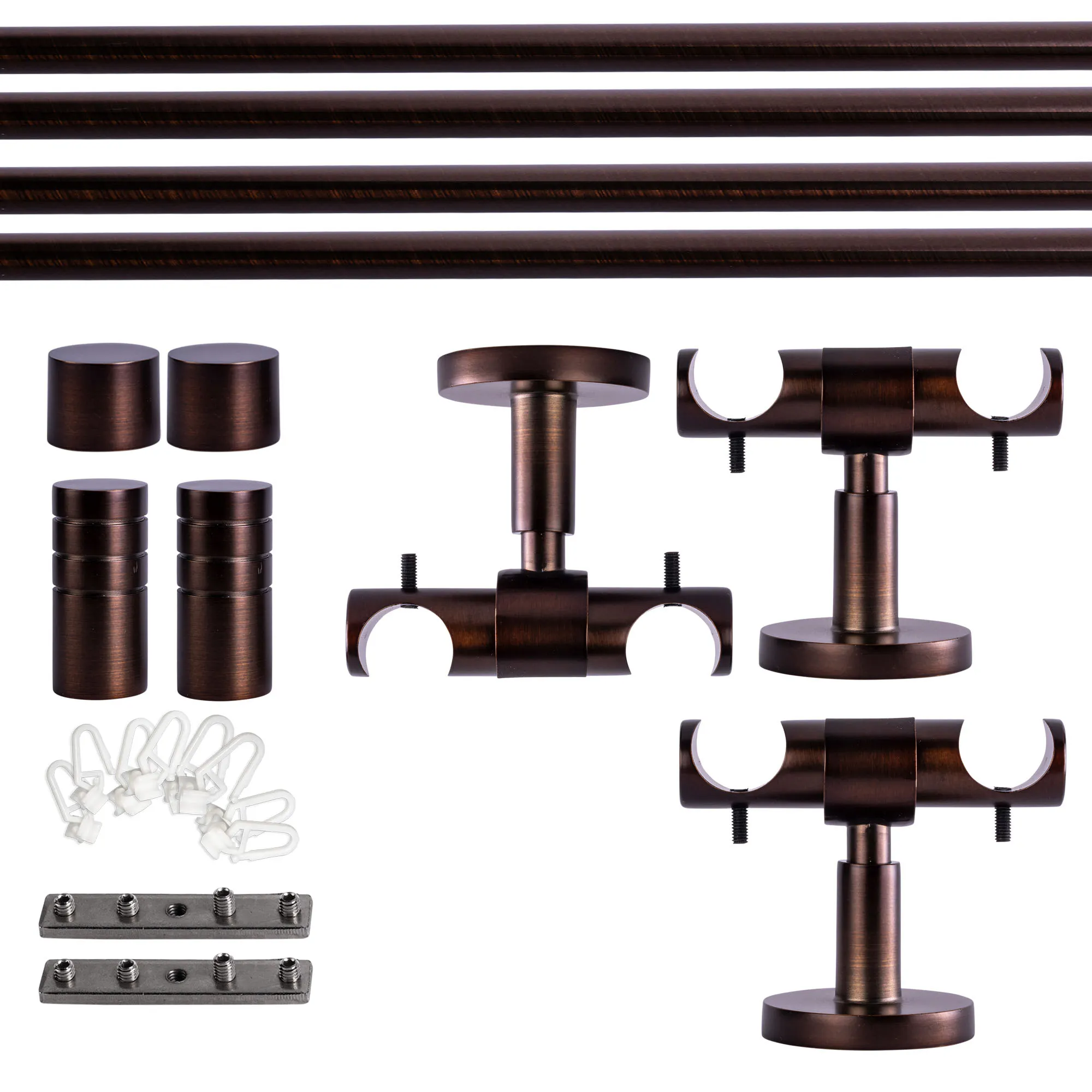 Set tringles à rideaux à rail intérieur | 2 rails, ⌀ 19 mm, 240 cm, rouge-bronze + Support plafond, Embout rainuré, Glisseur