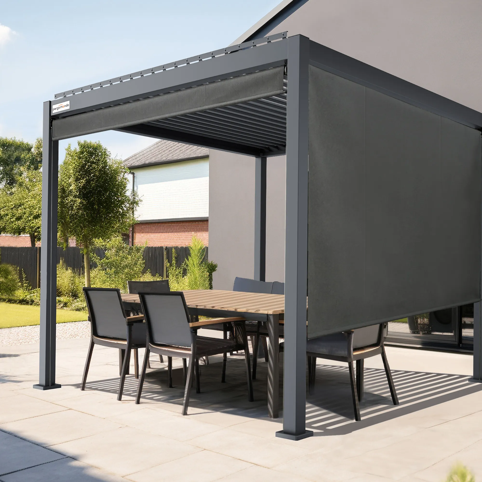 Außenrollo für Pergola mit Lamellendach | 3 m, Funkmotor, links, Acryl, dunkelgrau/schwarz