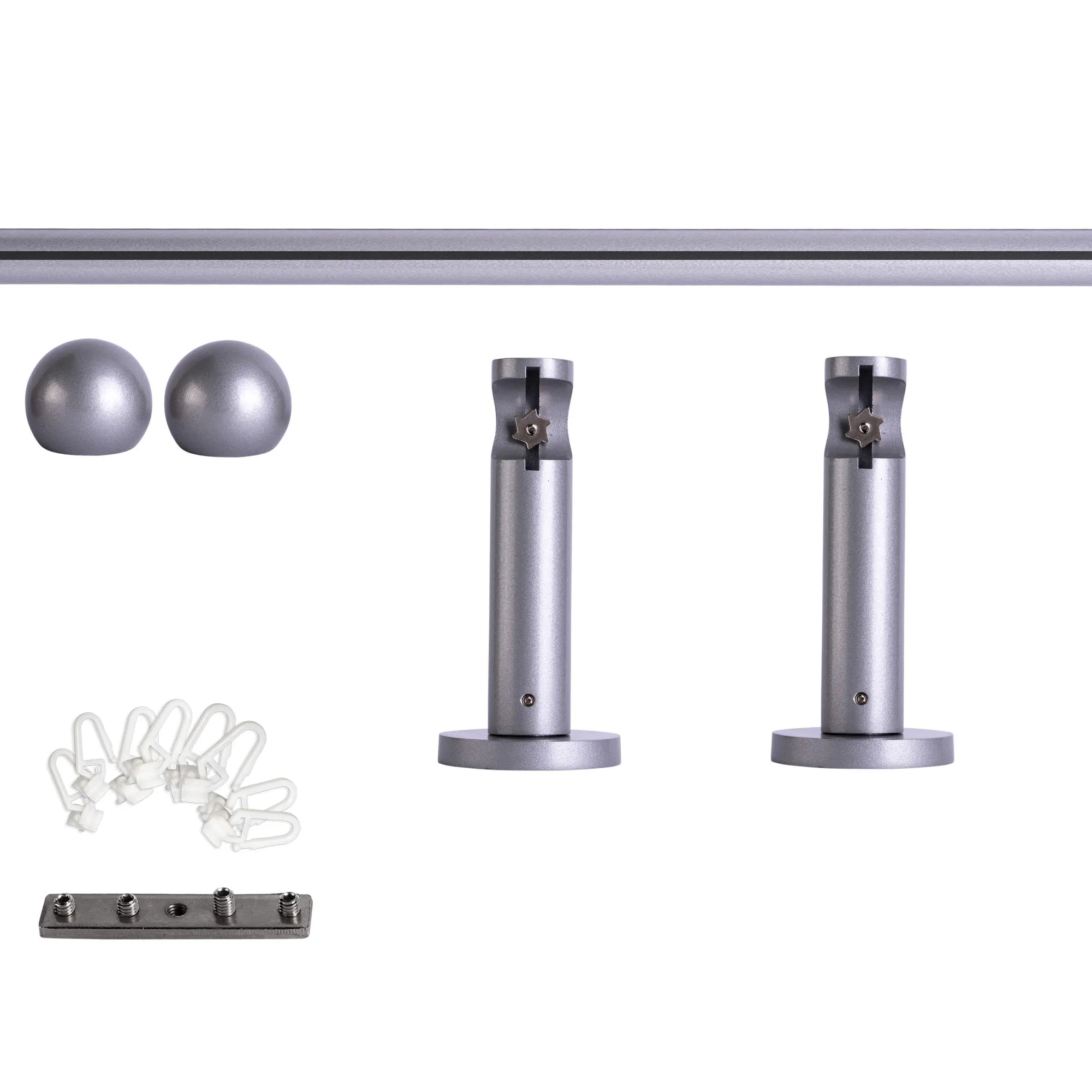 Set tringles à rideaux à rail intérieur | 1 rail, ⌀ 19 mm, 120 cm, argenté + Support mural, Boule, Glisseur