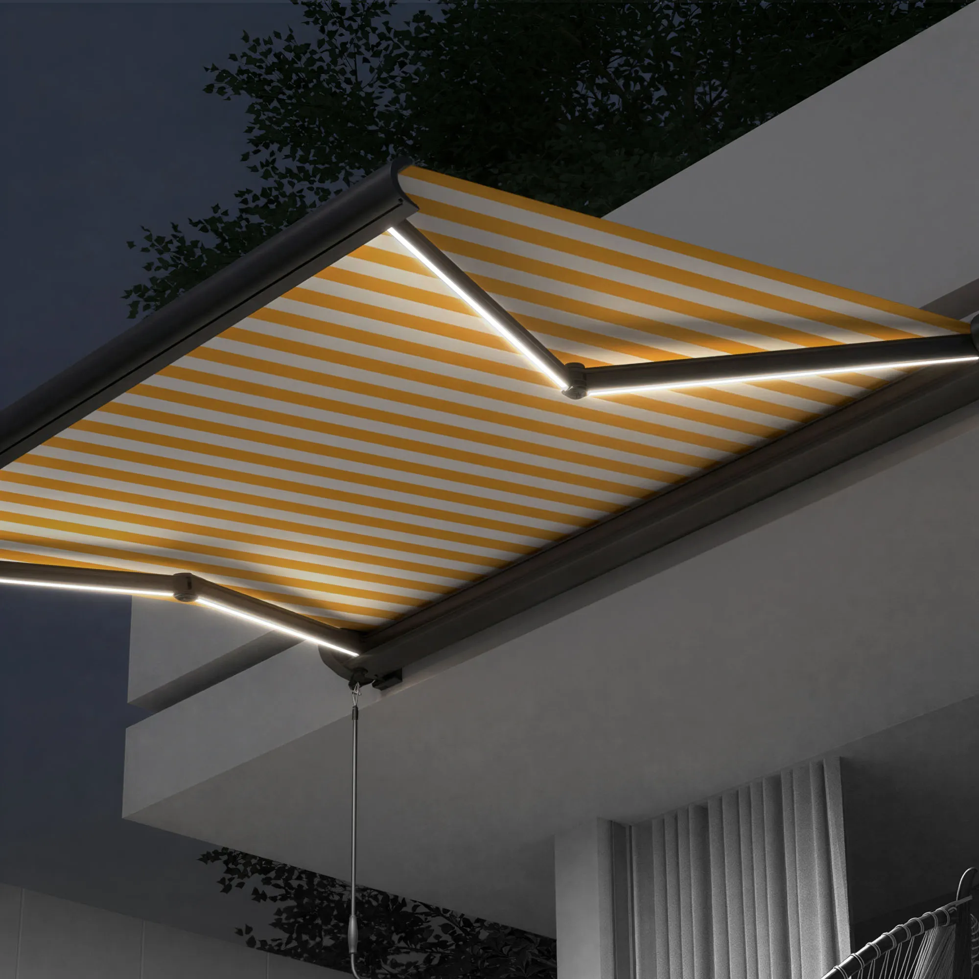 Markiza w kasecie Curve LED | 5 x 3,5 m, antracytowy, tkanina: żółto-biała, w pasy