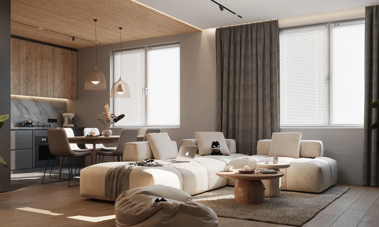 Wohnzimmer mit Sofa und Jalousien am Fenster