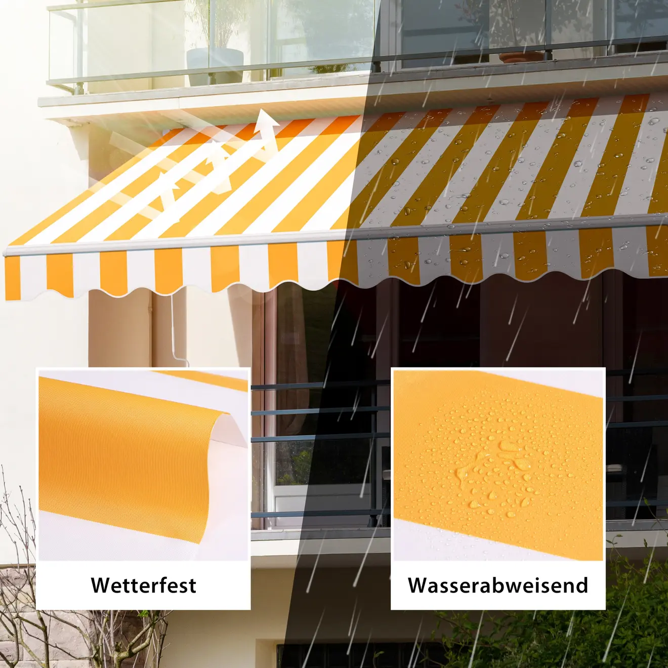 Gelenkarmmarkise Basic 2000 an einem Balkon, wetterfest und wasserabweisend