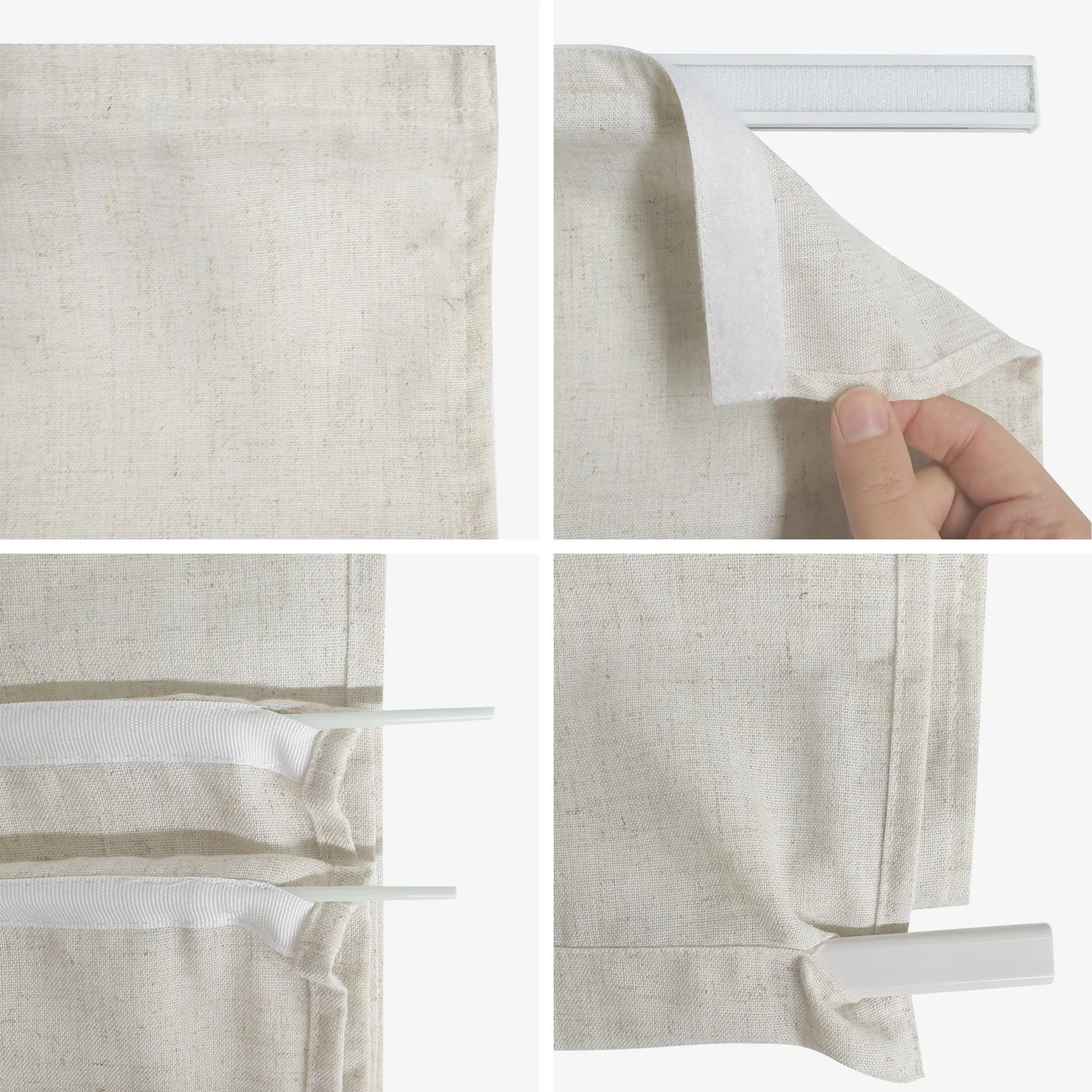 Primo piano di un raffrollo con velcro e barre per fissaggio e regolazione