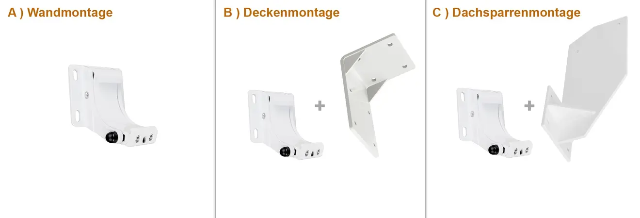 Montageoptionen für Kassettenmarkise Curve 2000: Wand-, Decken- und Dachsparrenmontage