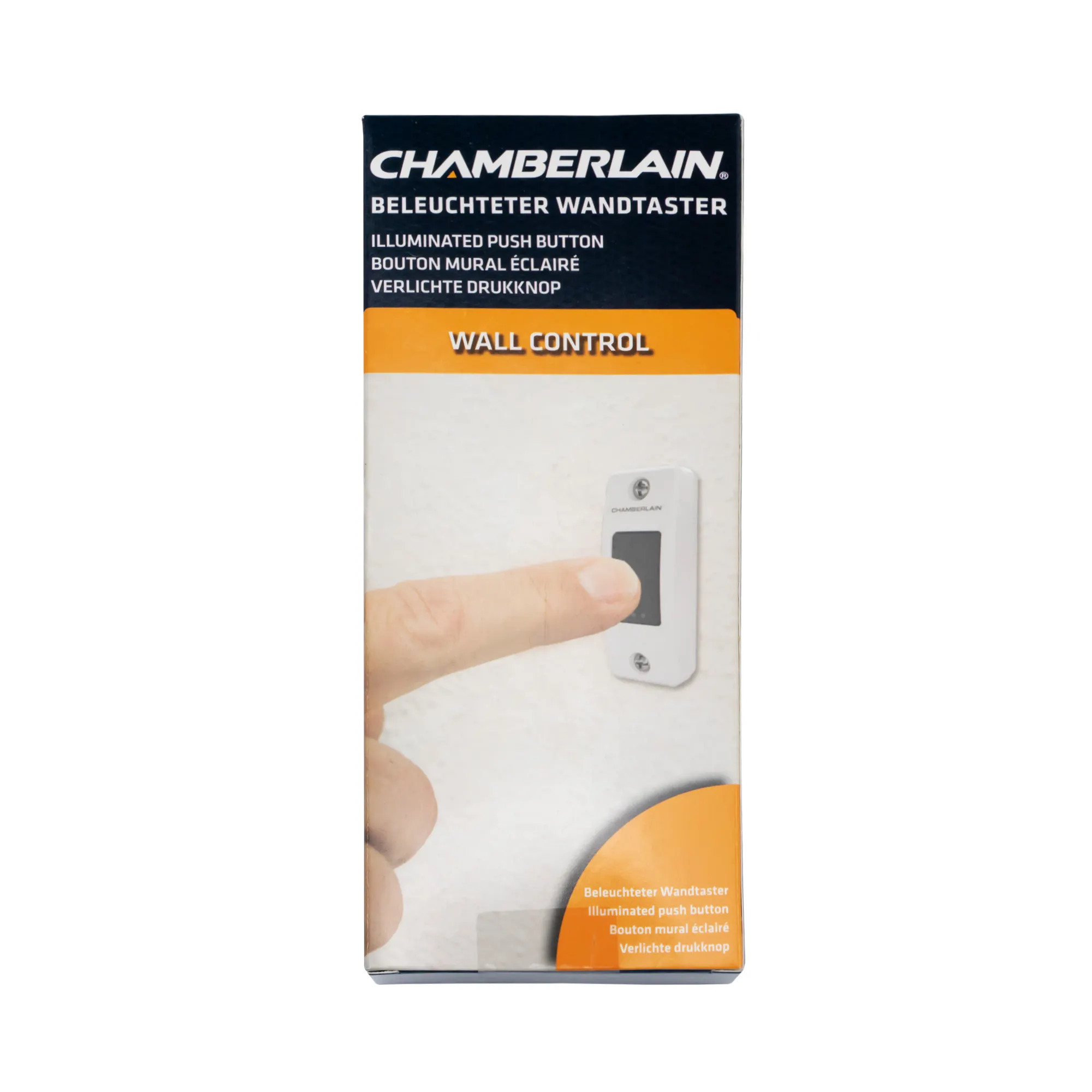 Imballaggio di un interruttore a muro illuminato per azionamento di porte da garage con dito che preme l'interruttore