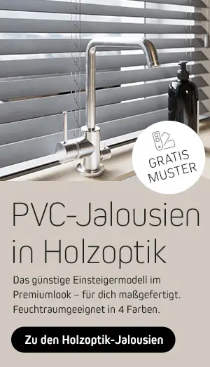 PVC-Jalousien in Holzoptik neben einem Wasserhahn, geeignet für Feuchträume, mit Gratis-Muster-Angebot