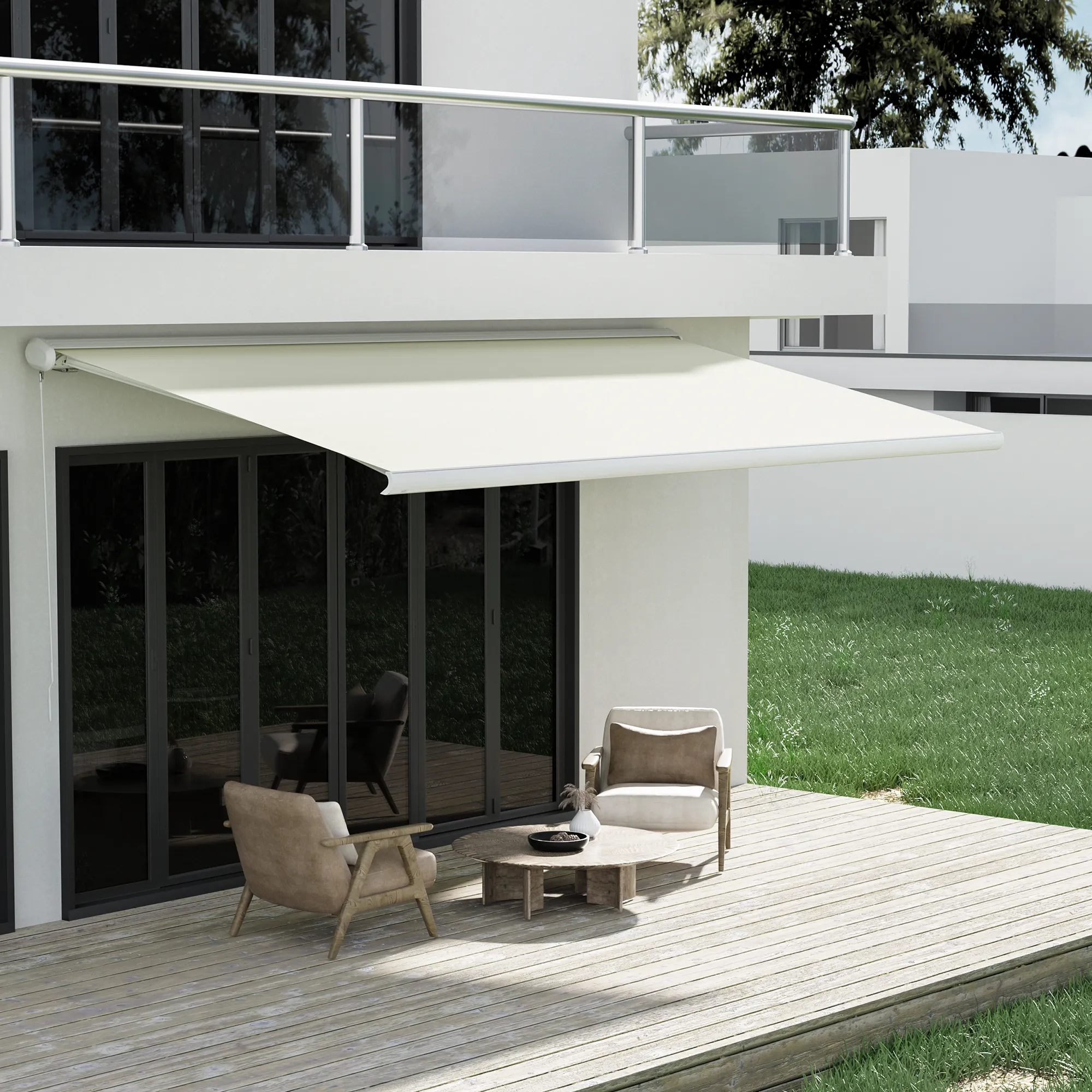 Kassettenmarkise Curve 2000 | 4,45 x 3,5 m / Gestell: weiß / Stoff: Uni, creme-weiß