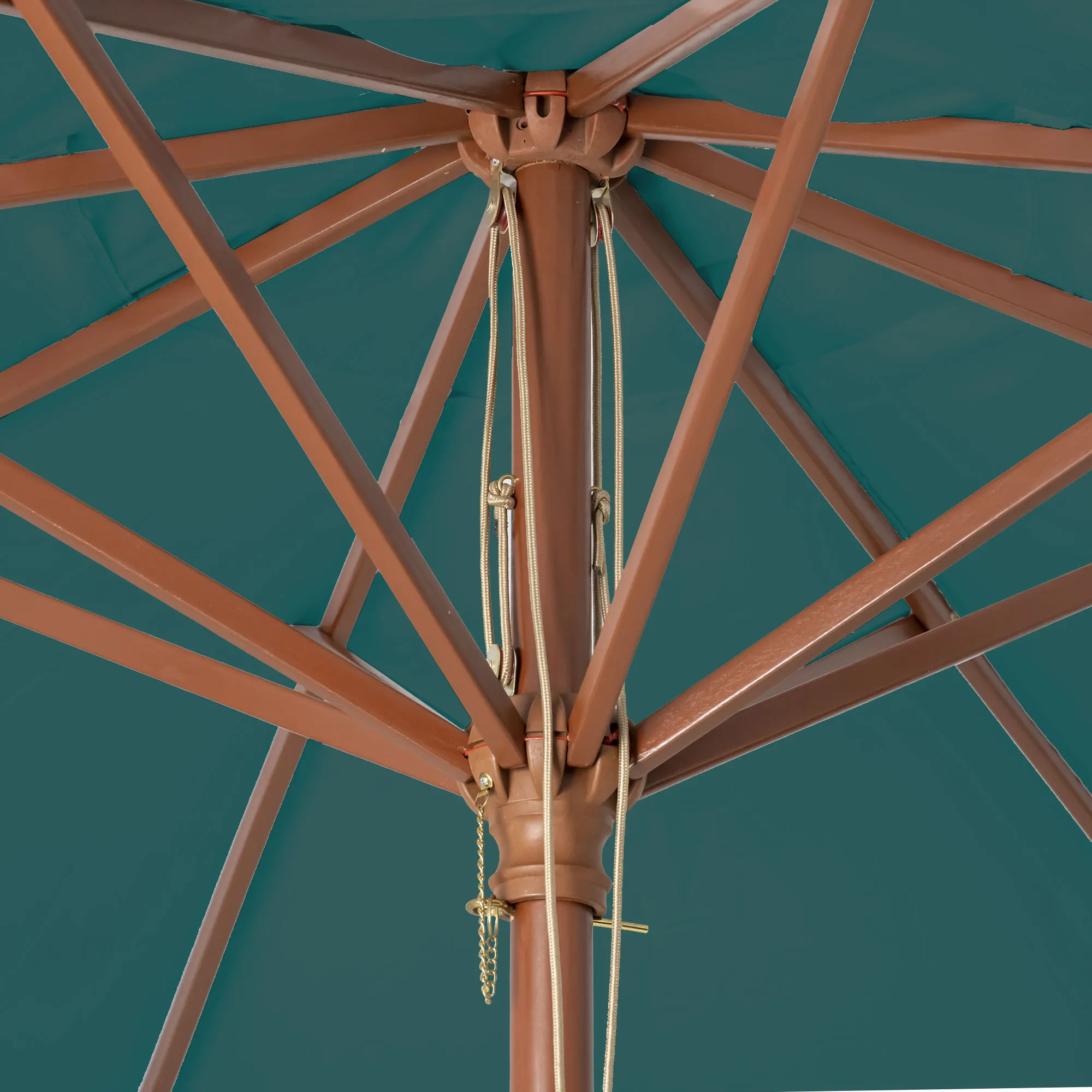 Ombrellone in legno pieghevole con stecche e meccanismo a corda per stabilizzazione e regolazione