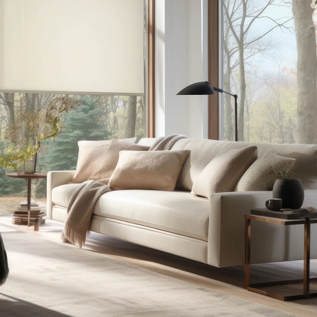 Elektrisches Smart Rollo in modernem Wohnzimmer mit Sofa und Beistelltisch