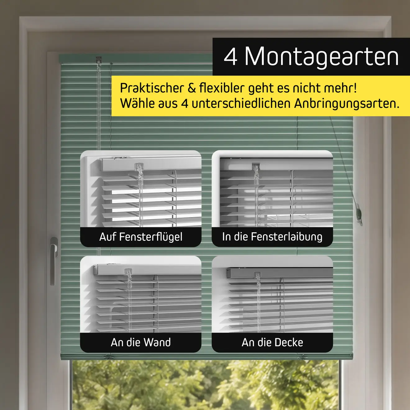 4 Montagearten - Auf Fensterflügel, in der Fensterlaibung, an die Wand, an der Decke.