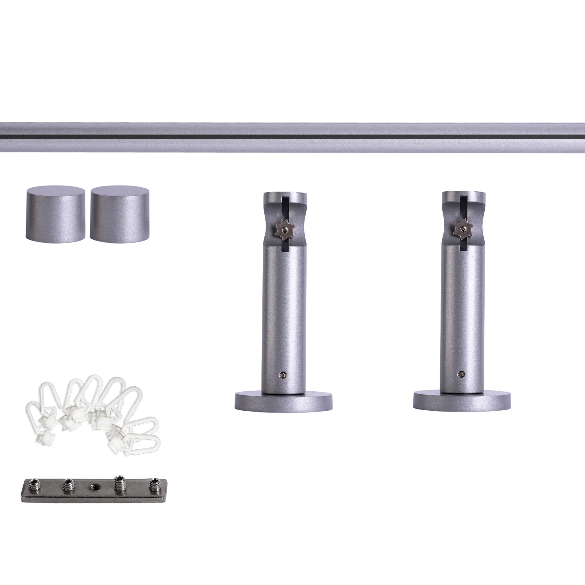 Juego de Barra de Cortina con Guía Interior | 1 riel, ⌀ 19 mm, 120 cm, plateado + Pared, Tapa, Deslizador