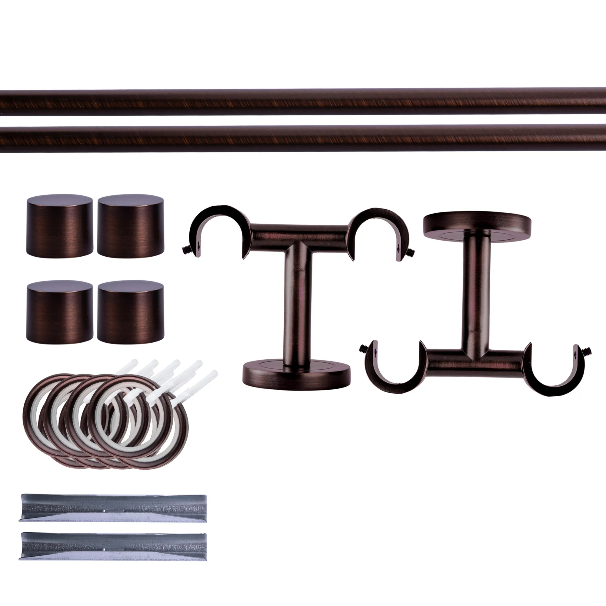 Zestaw karniszy | 2 szyny, ⌀ 19 mm, 120 cm, brązowo-czerwony + Uchwyt sufitowy, Końcówka, Pierścień