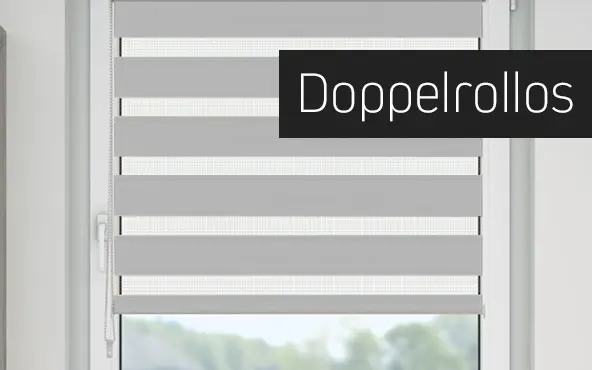 Doppelrollo an einem Fenster, bestehend aus abwechselnden Streifen für Lichtregulierung