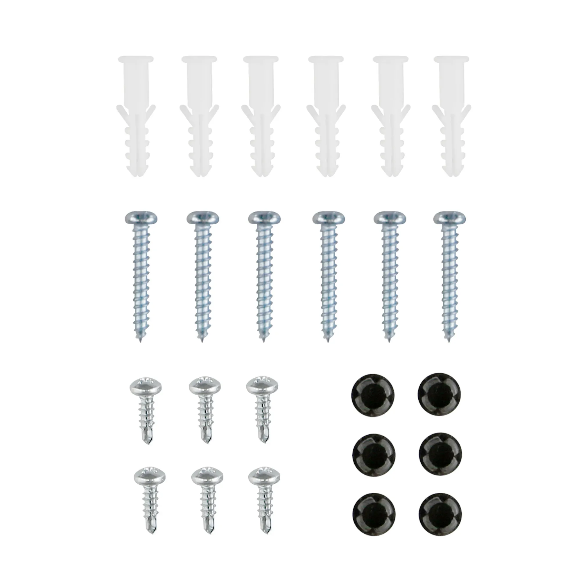 Set di viti per tende esterne con tasselli e coperture disposti in modo simmetrico