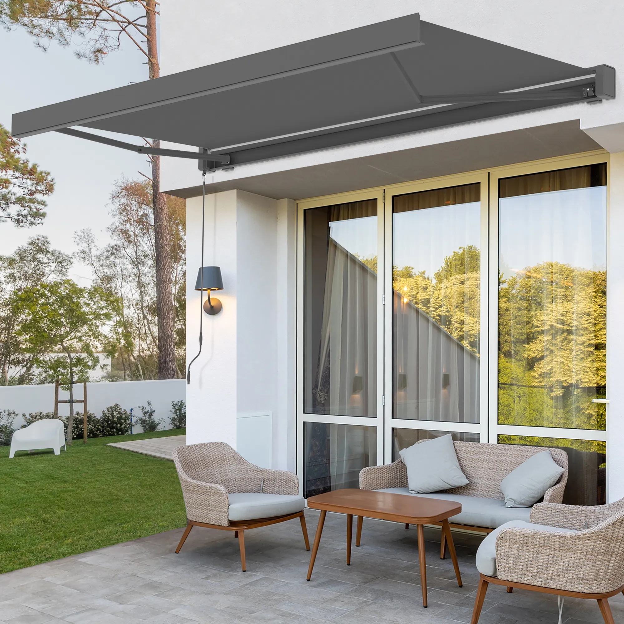 Kassettenmarkise Quadris LED | 3,95 x 3 m, anthrazit, Stoff: grau, Uni