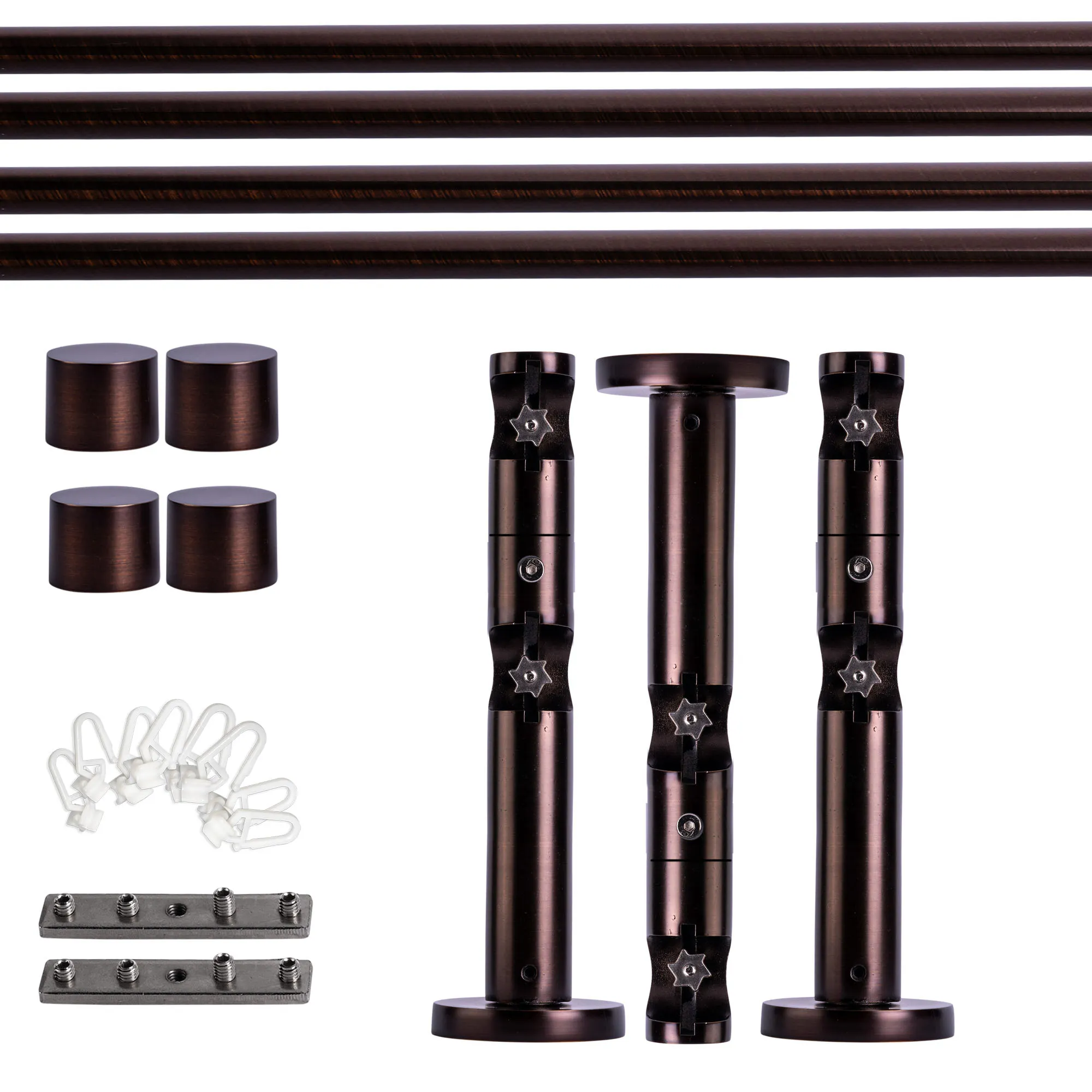 Set tringles à rideaux à rail intérieur | 2 rails, ⌀ 19 mm, 280 cm, rouge-bronze + Support mural, Embout, Glisseur