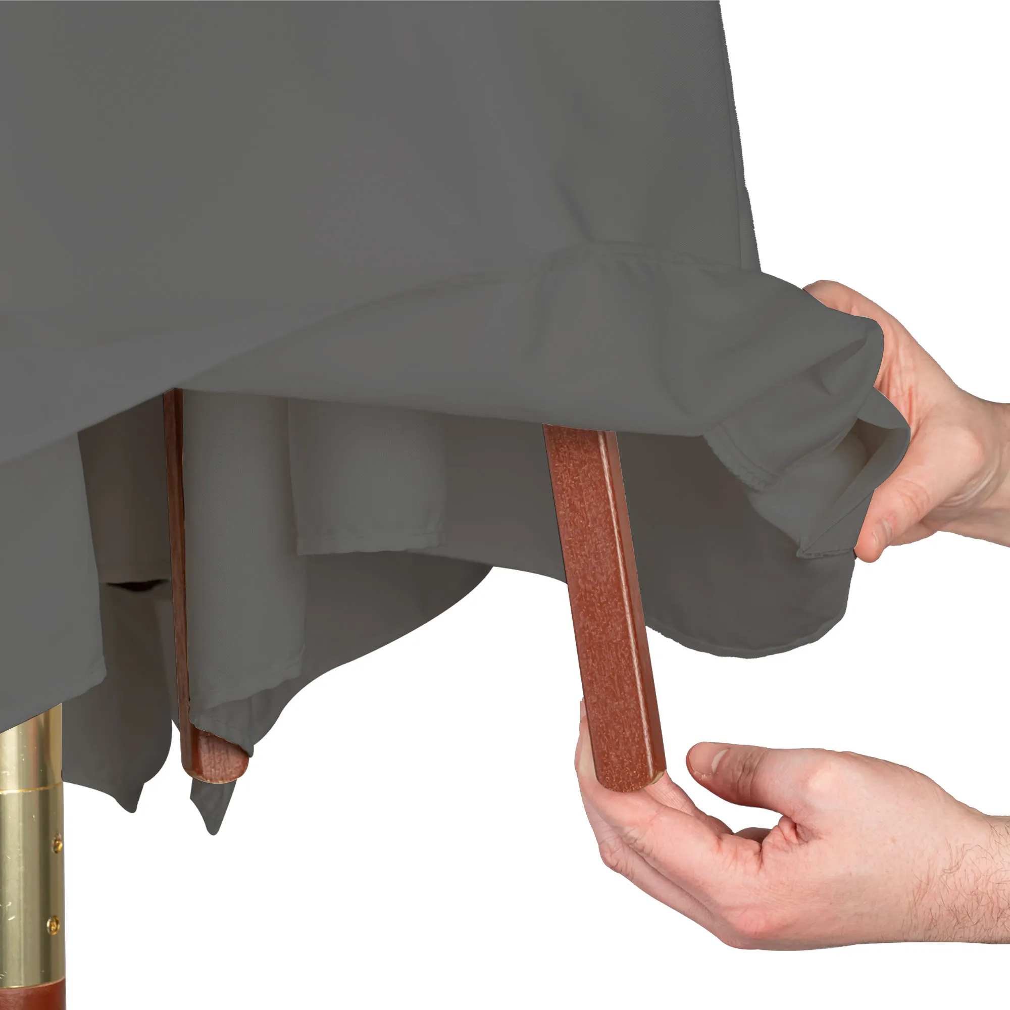 Copertura per ombrellone su telaio in legno con mani per il fissaggio