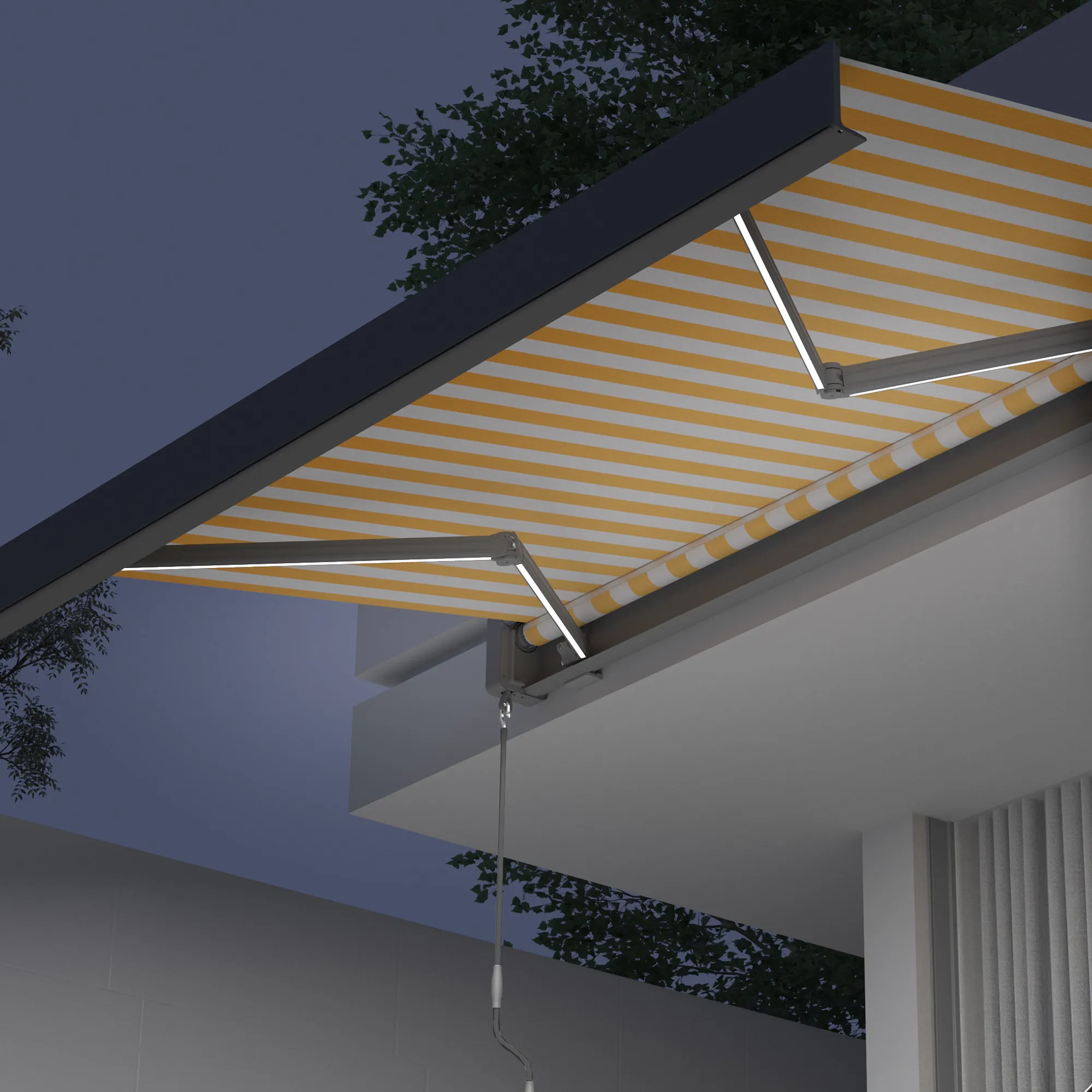 Kassettenmarkise Quadris LED | 4,45 x 3,5 m, anthrazit, Stoff: gelb-weiß, Blockstreifen