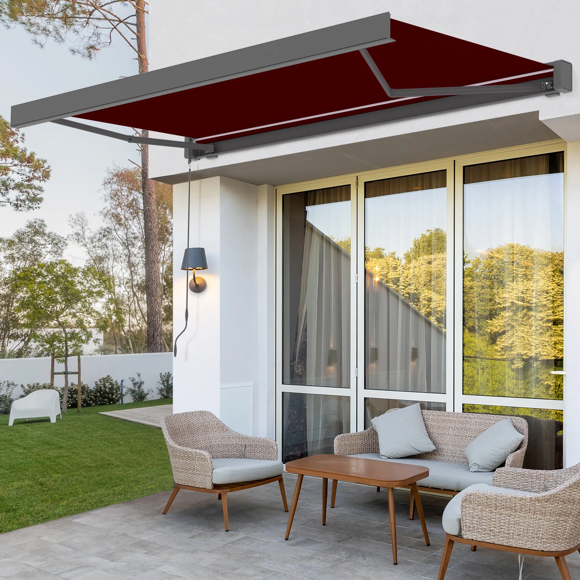 Markiza w kasecie Quadris LED | 3,45 x 3 m, antracytowy, tkanina: bordowy, jednokolorowa