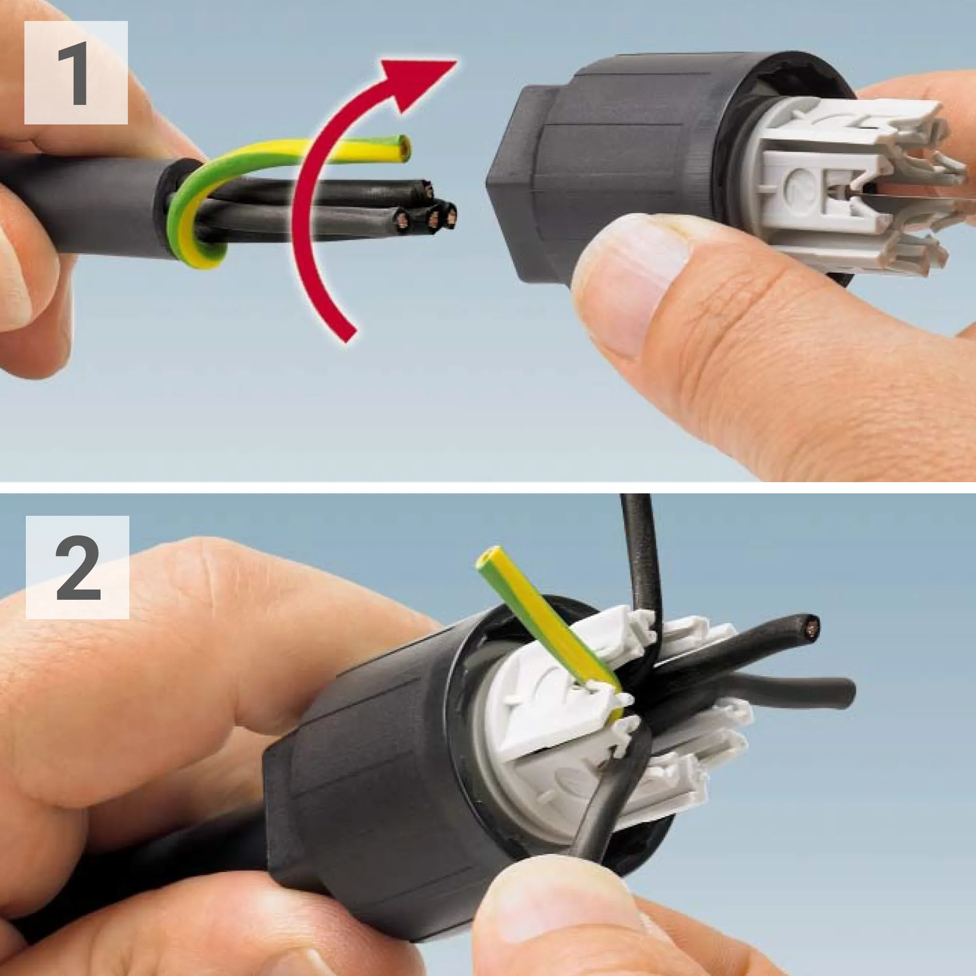 Montaggio del connettore QPD STAK 3 con cavi e accoppiamento Hirschmann in due fasi