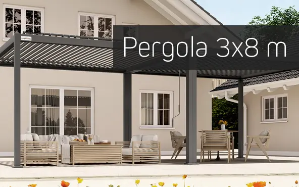 Moderne Pergola mit Sitzbereich vor einem Haus, rechteckige Struktur mit Lamellendach