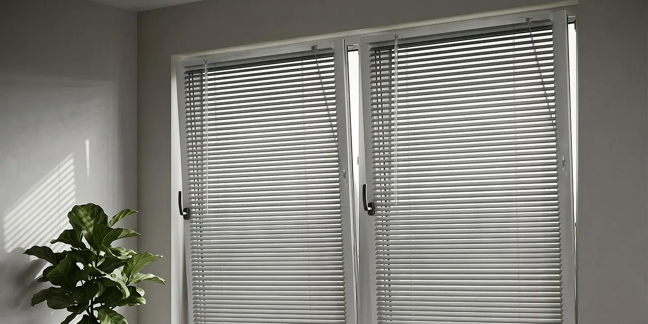 Jalousie am gekippten Fenster, seitlich geführt und ohne Wegkippen am Fenster fixiertohnraum mit großen Fenstern und geschlossenen Jalousien