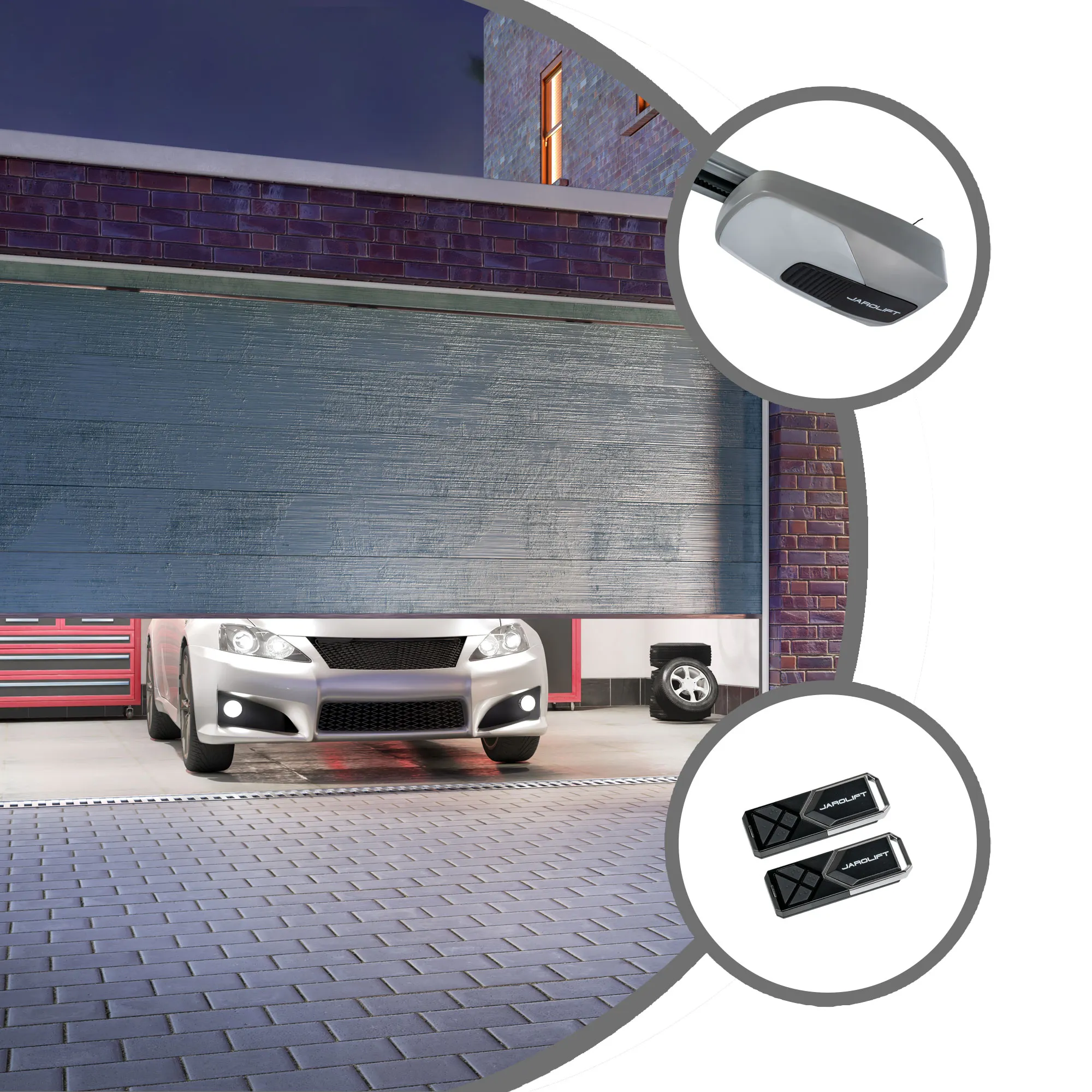 Porta del garage con auto, sistema di azionamento e due telecomandi rappresentati in cerchi separati