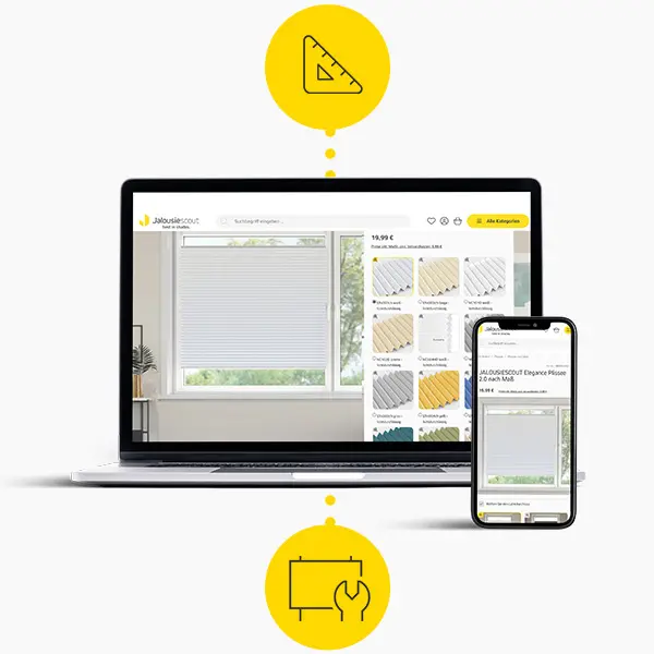 Laptop und Smartphone zeigen Jalousie-Produktseite mit Auswahloptionen