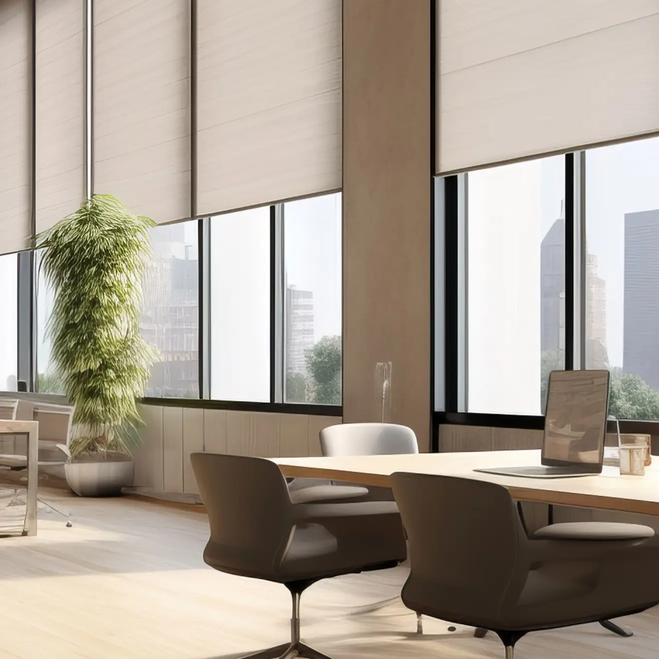 Büro mit elektrischen Smart Rollos an großen Fenstern, moderner Tisch und Stühle im Vordergrund