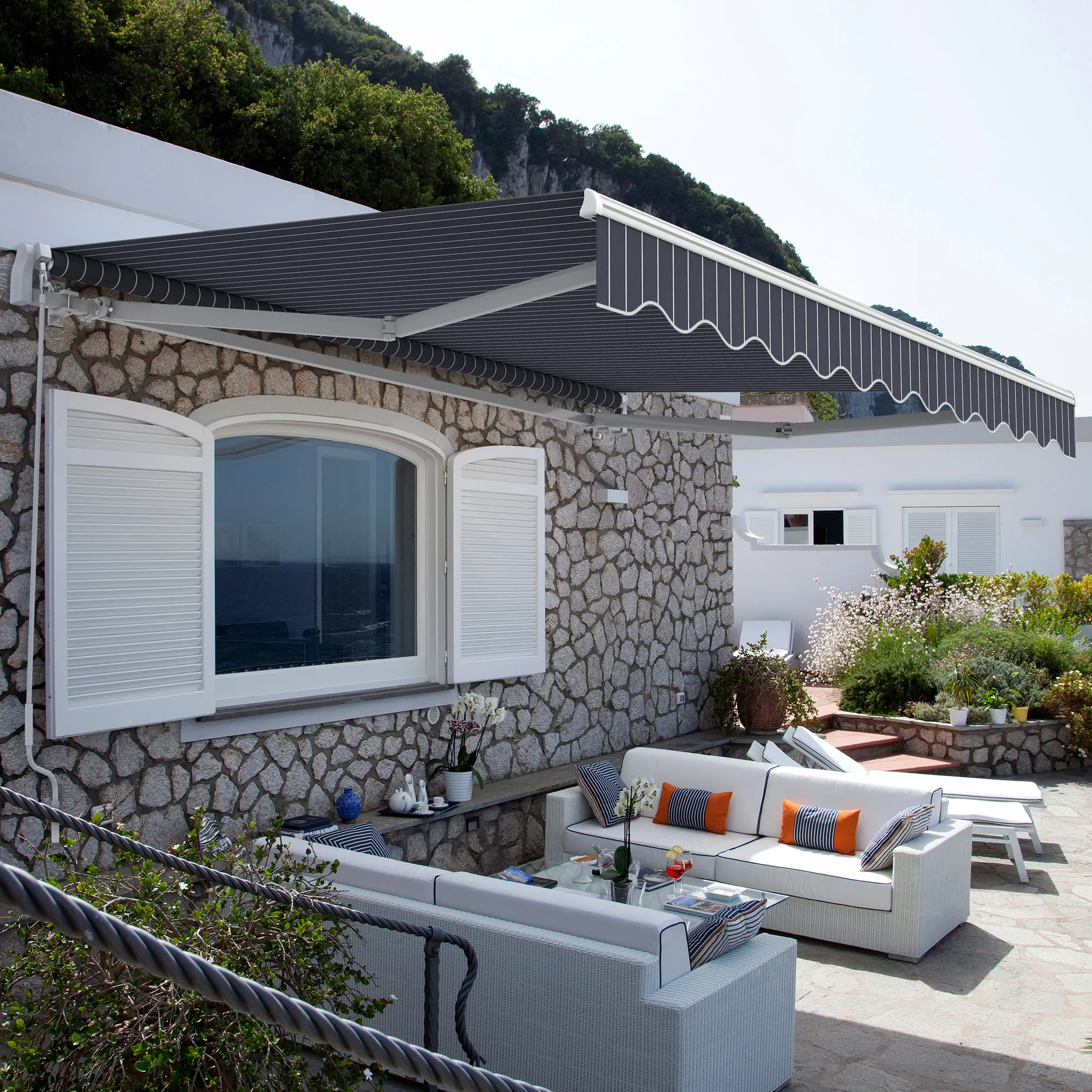 Gelenkarmmarkise Basic 2000 | 3,5 x 3 m / Gestell: weiß / Stoff: Block, dunkelgrau-weiß