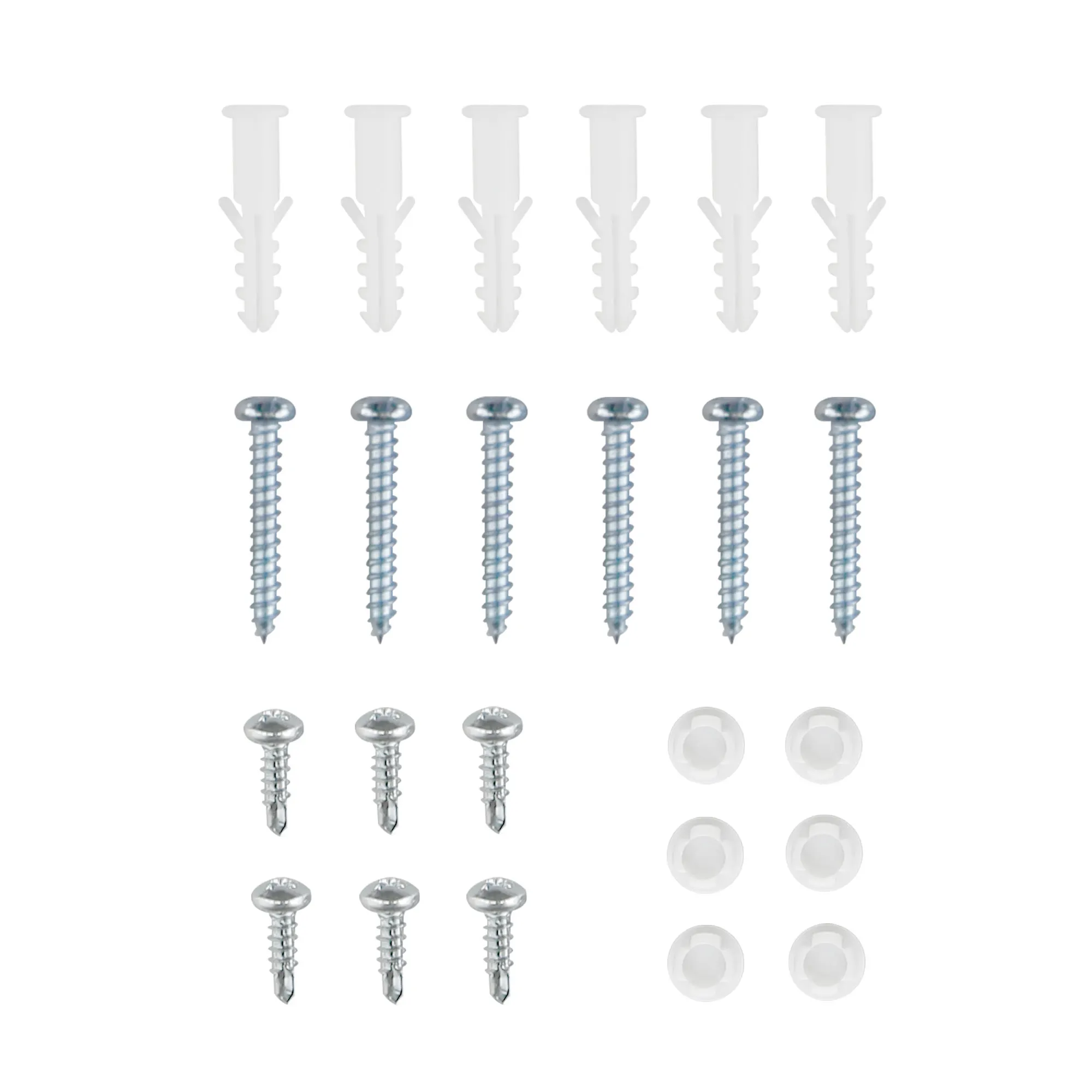 Set di viti per tende esterne con tasselli e coperture disposti in modo simmetrico