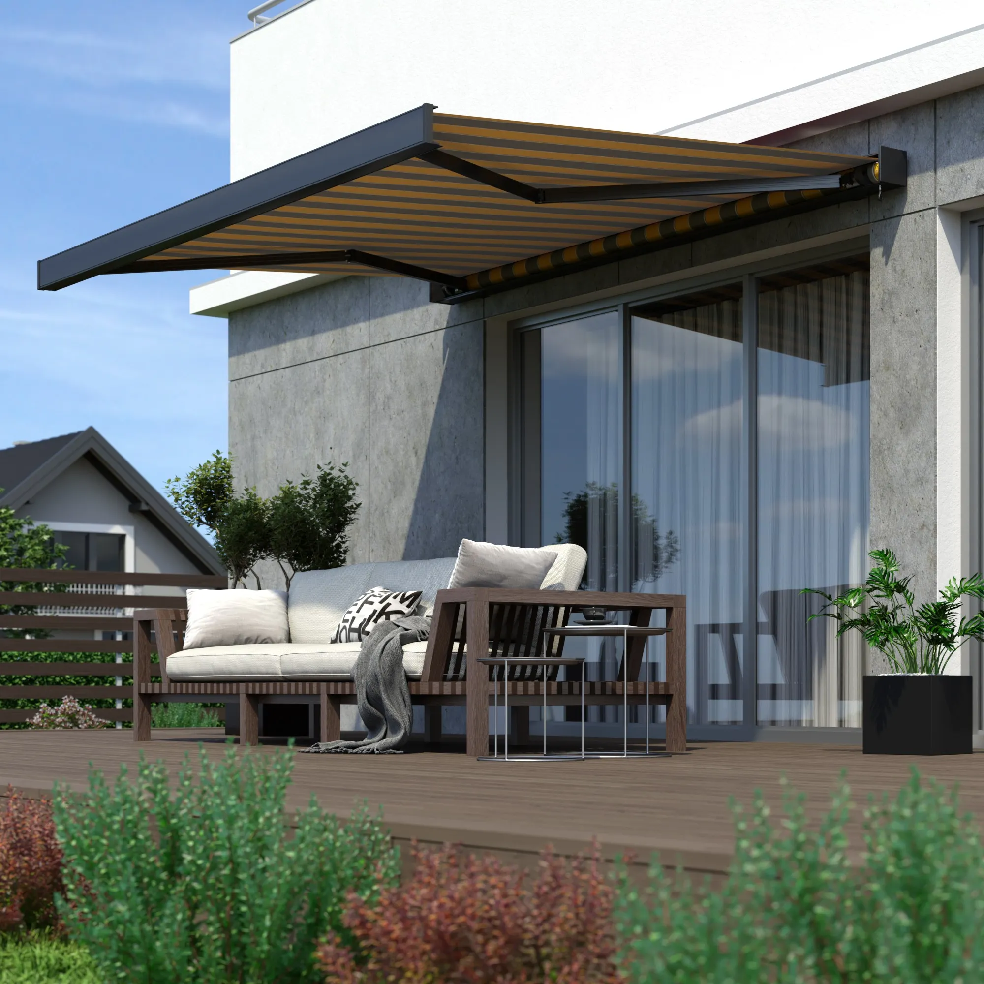 Kassettenmarkise Line | 4 x 3 m / Gestell: anthrazit matt / Stoff: Block, gelb-grau