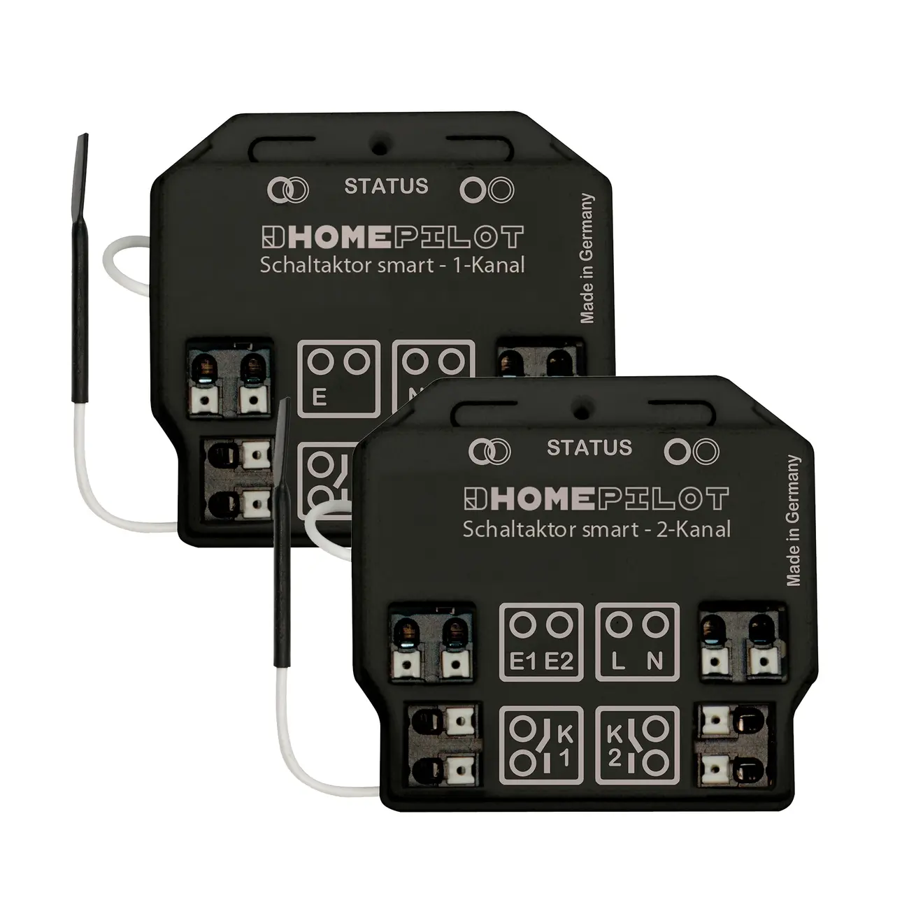 Zwei Schaltaktoren smart, 1-Kanal und 2-Kanal, mit Anschlüssen und Statusanzeige